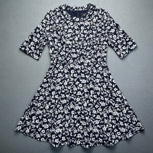 Roem Women Fit and Flare Navy White Floral Skater Dress Cottagecore Size S
